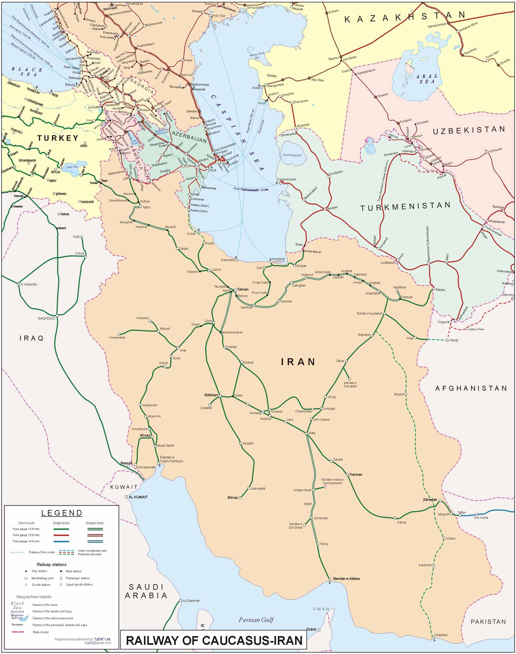 Railway map of Iran and Caucasus